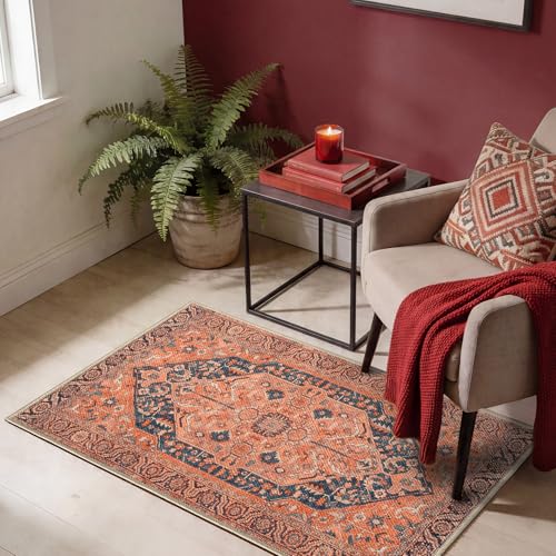 Keen Home Design Vintage Washable Entryway Rug, Non-Slip Low Pile, 2x3 - color: Orange/Blue, size: 2' x 3' (Rectangular)