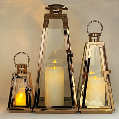 allgala Lantern Jumbo Deluxe Modern Indoor/Outdoor Candle Stainless Steel Rectangular Frame with Lattice Grid Tempered Glass for Garden Poolside Fireplace Wedding (Pack of 3, 24 Inch, Rose Gold) - color: Taper Rose Gold