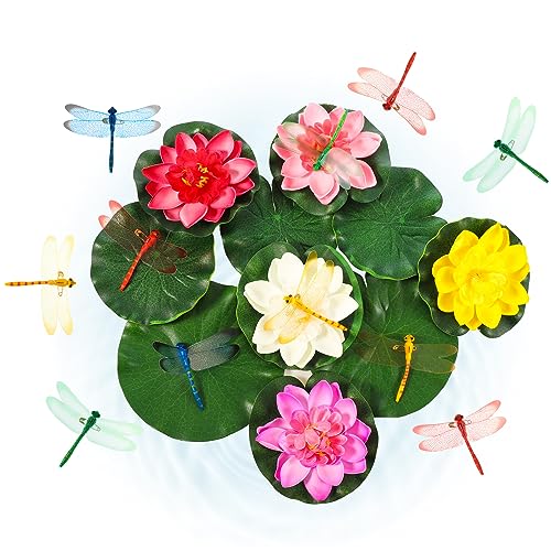 22 Pcs Realistic Artificial Floating Lotus Foam with Artificial Butterfly Dragonfly Frog Fake Lily Pads for Home Pool Patio Garden Koi Fish Pond Aquarium Pool Wedding Fountain Decor (Dragonfly)