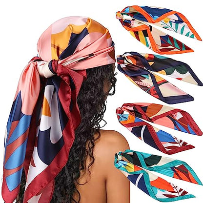 DRESHOW 35” Large Square Satin Head Scarf - 4Pcs Silk Accessories Classic Patterned Squares Beach Bandanas for Women - color: 4 Pcs: Orange, Burgundy, Lake Blue, Navy