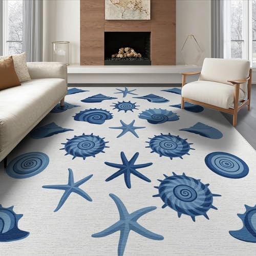 6'x9' Washable Graphic Seashell Area Rug, Blue Non-Shedding Pet Friendly Room Rug Foldable Easy Care Carpet for Queen Size Bedroom, Under Bed, Master Suite | Ref:1952585 - color: Blue/Pattern 50, size: 6' x 9' (Rectangular)