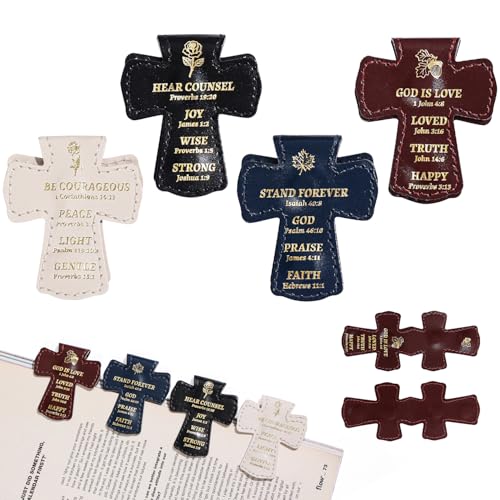 4 PCS Cross Shaped PU Leather Magnetic Bookmarks, Christian Bible Verse Clips with Gold Foil Stamping & Faith Quotes, Leather Book Markers, Religious Gift for Readers, Students & Church Members - style: Christian Bible Verse