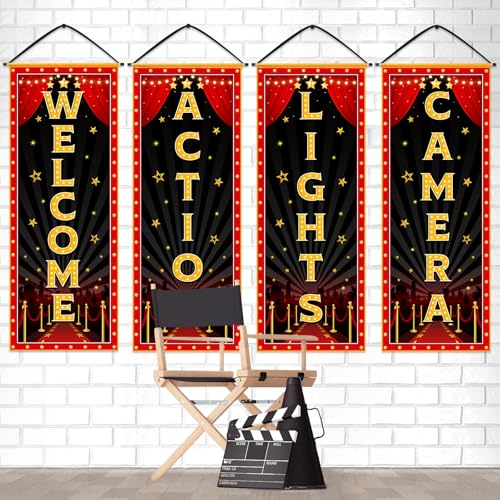 Panelee 4 Pcs Movie Night Porch Banner Movie Themed Party Decorations Theater Welcome Lights Camera Action Front Door Sign Hanging Decoration for Home Photo Film Booth Backdrop Party Supplies - style: Movie Night