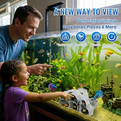 Aquarium Cave Three Hole, 3D Rock Texture Fish Tank Tunnel & Hideout, Natural Under Gravel Aquarium Decor for Small Fish, Shrimp, Corydoras, Kuhli Loach, Hermit Crabs