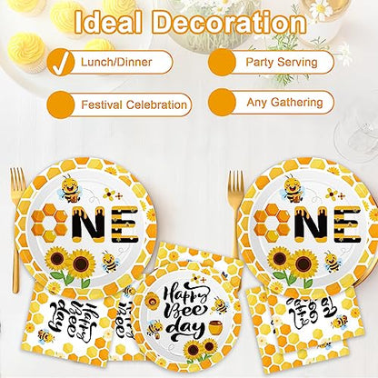 Qyeahkj 100 Pcs Bee 1st Birthday Party Supplies Paper Plates and Napkins Set Disposable Bee First Birthday Tableware Decorations for Bees Theme Baby Shower Serves 25 - style: Bee 1st