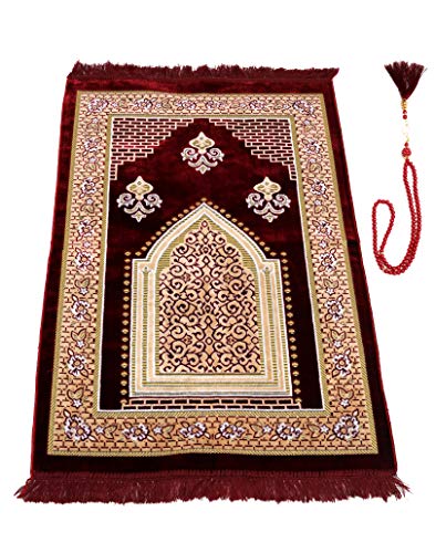 TB Muslim Prayer Rug, Islamic, Velvet Mat Ramadan Gift, with Prayer Bead Unique Decoration Gilded Gold-Like Embroidered for Women Man Kids Meditation Turkish African (Claret Red) - color: Claret Red