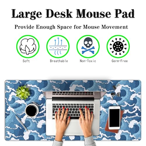 Large Desk Pads Blue and White Desktop Pad, Pc Mouse Pad Keyboard Mat, Desk Pad Gaming Waterproof Non-Slip Rubber Base, 35.4 X 15.7 inch for Work/Game/Office/Home Japanese Abstract Waves - color: Japanese Abstract Blue And White Wave