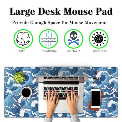 Large Desk Pads Blue and White Desktop Pad, Pc Mouse Pad Keyboard Mat, Desk Pad Gaming Waterproof Non-Slip Rubber Base, 35.4 X 15.7 inch for Work/Game/Office/Home Japanese Abstract Waves - color: Japanese Abstract Blue And White Wave