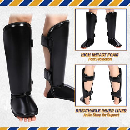 Arrowbash 5 Pcs Boxing Guards Set for Kids with Sparring Headgear, 6oz Boxing Gloves and Leg Shin Guards Wrestling Headgear for Youths Teens Boys Girls Kickboxing Karate Muay Thai BJJ Training - color: Black