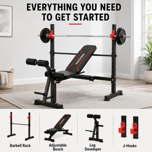 MAIDOMA Foldable 1500LBS Capacity 8 IN 1 Weight Bench Set with Leg Extension/Squat Rack/Preacher Curl, Adjustable Bench Press for Home Gym Full Body Workout (US Stock) - color: vermeil