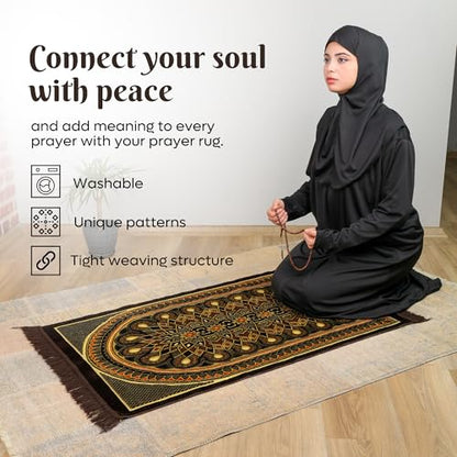 Muslim Prayer Rug, Soft Plush Thin Islamic Prayer Mat, Janamaz, Sajada, Praying Carpet, Islamic Gift for Men & Women, Islamic Ma, Eid & Ramadan Gift with Prayer Beads, 26x43 inch, Black - color: Kaaba / Midnightblack