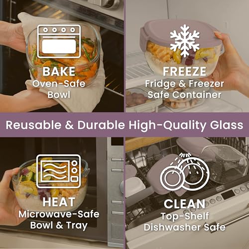 Bentgo Glass Salad Container - 7.6-Cup Salad Bowl with Airtight Lid, Leak-Proof Sauce Container, 4-Compartment Bento Tray & Reusable Fork - BPA-Free for Meal Prep, Office & More (Lavender) - color: Lavender