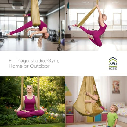 AyuHome Aerial Silks Kit for Home - Premium Yoga Swing for Adults with 660 lbs Capacity - Versatile Aerial Yoga Hammock for Gymnastics Training - color: Aerial silk - Gold - New