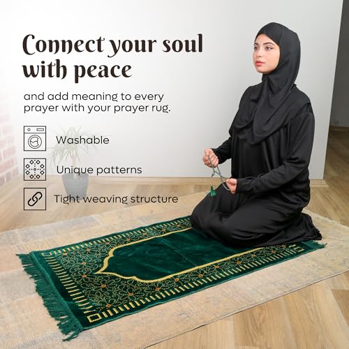 Muslim Prayer Rug, Soft Plush Thin Islamic Prayer Mat, Janamaz, Sajada, Praying Carpet, Islamic Gift for Men & Women, Islamic Ma, Eid & Ramadan Gift with Prayer Beads, 26x43 inch, Green - color: Riyadh / Emerald Al-masjid Green