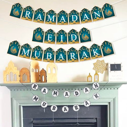 VILIFEVER 2 in 1 Ramadan Eid Mubarak Banner with Lantern Moon Star Sign, Eid Ramadan Mubarak Decorations for Mantel Fireplace Al-fitr Party Decoration Supplies