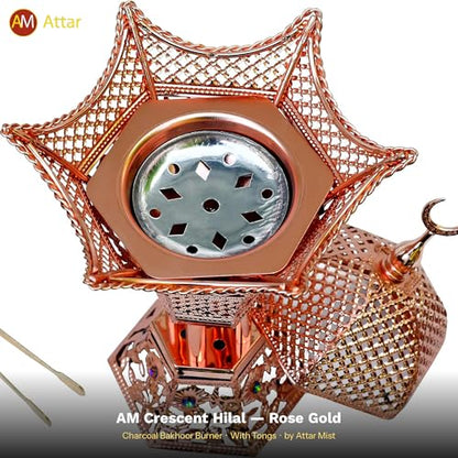 AM Bakhoor Charcoal Incense Burner - Oud Frankincense Resin Burner 10.5 Inches Tall - for Bakhoor Oud Incense Sticks Cones - Luxury Filigree (Rose Gold) - color: Rose Gold