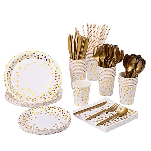 YAOSHENG 201 Party Supplies Set - Disposable Paper Dinnerware Serves 25 - Gold Dot Paper Plates Napkins Cups & Gold Plastic Silverware Sets for Wedding Bridal Shower Baby Shower Holiday Parties. - color: Gold dot