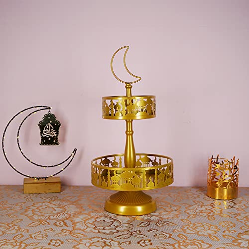 Eid Ramadan Double-Layer Pastry Tray Dinner Plate Tray Dessert Tray for Home Party Decoration, Candy Dessert Rack Iron Serving Tray for Islam Muslim Table Decor Castle (Gold)