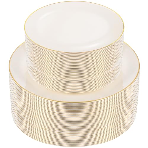 PULOTE 100PCS Ivory Plastic Plates - Cream Plastic Disposable Heavy Duty for Party & Wedding - Include 50 Each (Dinner & Dessert) Plates - color: Ivory