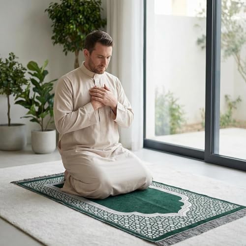 Ramadan & Eid Gift Set - Islamic Prayer Rug with Tasbih Beads, Premium Prayer Mat in Gift Bag or Box, Ideal for Muslim Men & Women (Dark Green - Boxed) - color: Dark Green - Boxed