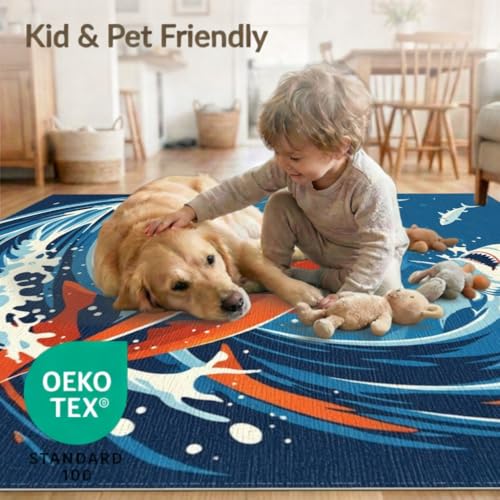 8'x10' Washable Modern Wave Large Rug, Navy Blue Non-Shedding Pet Friendly Carpet for King Size Bedroom, Master Suite, Under Bed, Foldable Easy Care Mat | Ref:2070038 - color: Blue/Pattern 15, size: 8' x 10' (Rectangular)