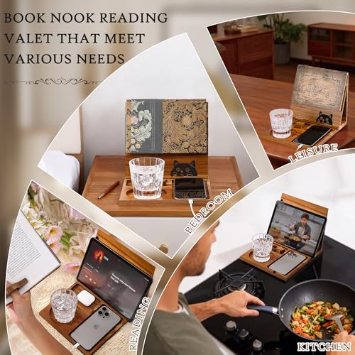Book Holder Stand for Reading Rest, Wooden Foldable Book Rest with Book Page Holder, Cup, iPad & Phone Stand, Book Nook Reading Valet Desktop Triangle Bookstand Bookshelf for Readers Bookworms Gifts - color: Cat