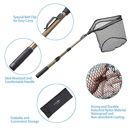 YVLEEN Folding Fishing Net - Foldable Fish Landing Net Robust Aluminum Telescopic Pole Handle and Nylon Mesh 16inch Hoop Size - color: F:16"/40cm(3 Sections Telescopic Handle) Gold