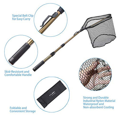 YVLEEN Folding Fishing Net - Foldable Fish Landing Net Robust Aluminum Telescopic Pole Handle and Nylon Mesh 16inch Hoop Size - color: F:16"/40cm(3 Sections Telescopic Handle) Gold