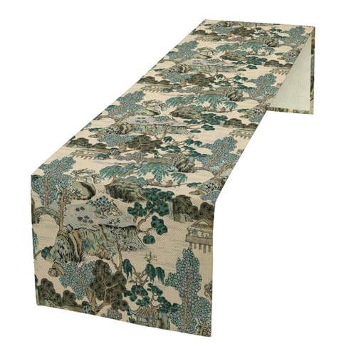 Asian Landscape Table Runner, Oriental Vintage Chinoiserie Green Teal Mountains Pine Trees Table Runner for Wedding Party Holiday Kitchen Dining Home Everyday Decor, 13x36inch - color: Asian-3, size: W13"x L36"