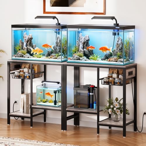 20 Gallon Fish Tank Stand with Power Outlet & Adjustable Shelves | Metal Aquarium Stand with Pull Out Wire Tray, Ample Storage for Fish Tanks Accessories, Reptile Tank Stands, Brown