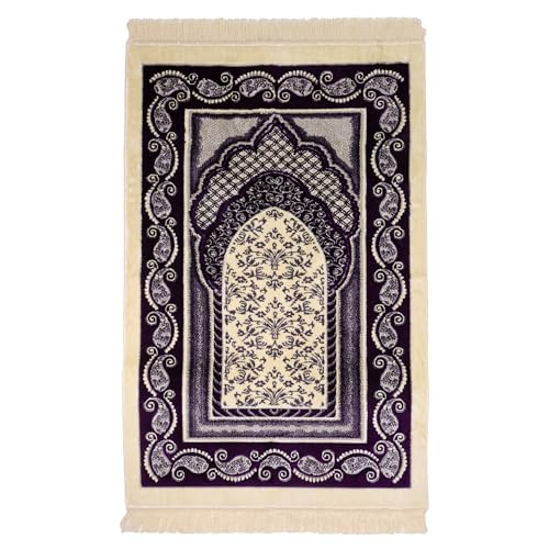 Velvet Muslim Prayer Rug Set with 99 Beads - Purple | Luxury Velvet, Classic Paisley Border Design, Thick Cushioned Janamaz, Non-Slip Backing, Travel Friendly, 99 Tasbeeh Included - color: Purple