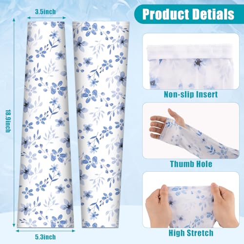 Bebila Gardening Sleeves for Women Farm UV Sun Protection Anti-Scratch Cooling Sleeves with Thumb Hole Arms Cover Outdoors - color: Blue Floral