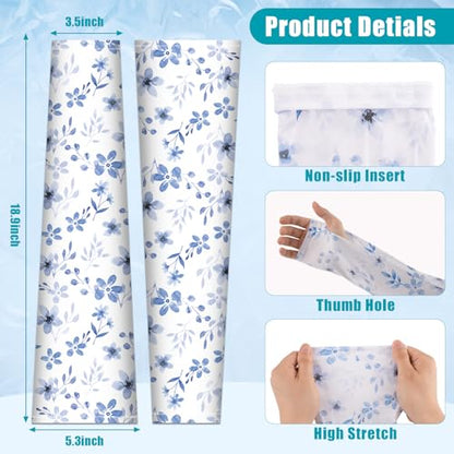 Bebila Gardening Sleeves for Women Farm UV Sun Protection Anti-Scratch Cooling Sleeves with Thumb Hole Arms Cover Outdoors - color: Blue Floral