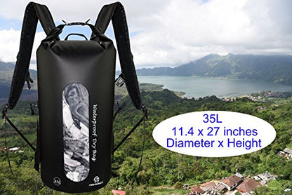 Freegrace Waterproof Dry Bag Set of 3 - Submersible Dry Sack with Double Zip Lock Seals - Includes Waist Pouch & Phone Case - Perfect for Kayaking, Swimming, Boating & Rafting (Window, Black, 35L) - color: Black, size: 35L, style: Window