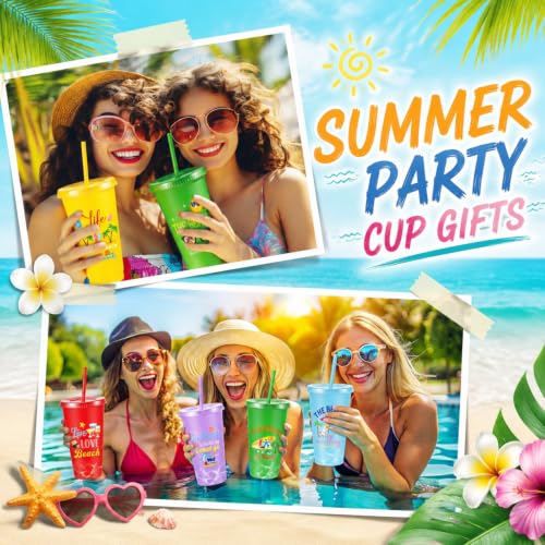 Chuangdi 12 Pcs Summer Beach Party Decoration Cups 24 oz Reusable Tumbler with Lids and Straws Plastic Drinking Cup for Beach Themed Party Favors Hawaiian Tropical Luau Pool Birthday Gifts - style: Beach Theme