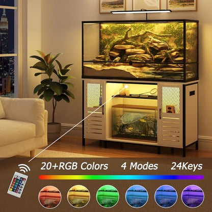 BREEZEHEAT 75 Gallon Fish Tank Stand with Power Outlet, LED Light, 1250lbs Capacity, 55-75 Gallon Heavy Duty Metal Aquarium Stand with Cabinet, Terrarium stand Suitable for Turtle & Reptile Tank, White