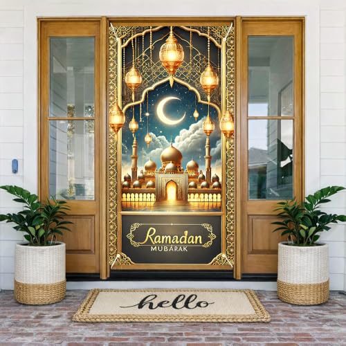 Ramadan Door Cover 71x35 in Crescent Mosque Lantern Eid Decor - color: Colorful Banner#02