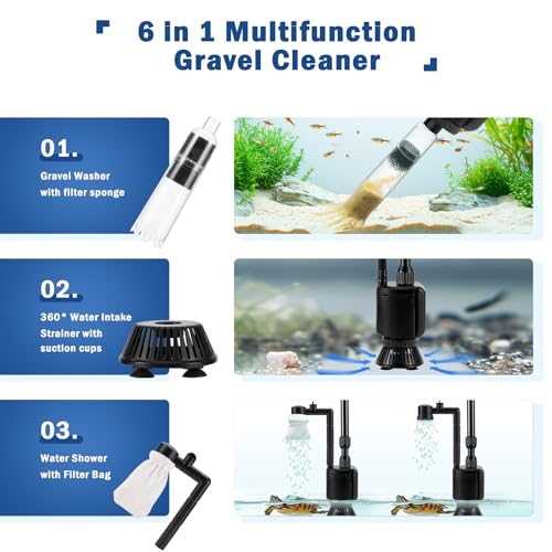 AQQA Electric Aquarium Vacuum Gravel Cleaner, 6 in 1 Fish Tank Vacuum | Automatic Cleaning Tools Kit Water Changer, Multifunction Wash Sand Filter Water Circulation 20W 320GPH 110V
