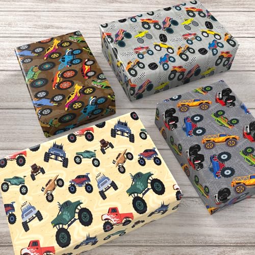 Cuitpan Monster Trucks Wrapping Paper for Kids Birthday Baby Shower - Gift Wrap with Monster Trucks, Checkered Flag Designs - 20 x 29 Inches, 8 Folded Sheets, Recycled… - color: Gray-Monster Trucks