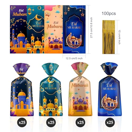 100 Pcs Eid Mubarak Cellophane Bags 4 Styles Ramadan Cello Bag Moon Star Castle Candy Bags with Twist Ties Multi-Color Treat Gift Bag for Goodies Ramadan Festival Party Favor