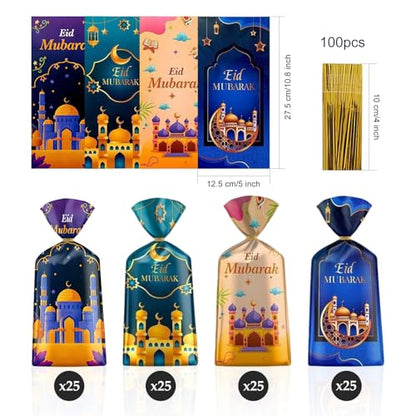 100 Pcs Eid Mubarak Cellophane Bags 4 Styles Ramadan Cello Bag Moon Star Castle Candy Bags with Twist Ties Multi-Color Treat Gift Bag for Goodies Ramadan Festival Party Favor
