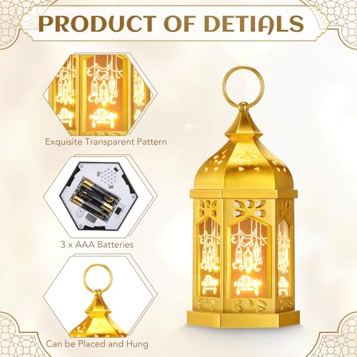 Retisee 2피스 17.8cm(7인치) 라마단 대형 이드 무바라크 랜턴 문 스타 벽걸이 LED 랜턴 홈 파티오 테이블 웨딩 센터피스 축제 장식용 (2가지 스타일, 전기 도금 골드) - color: 전기 도금 골드, size: 2 Styles
