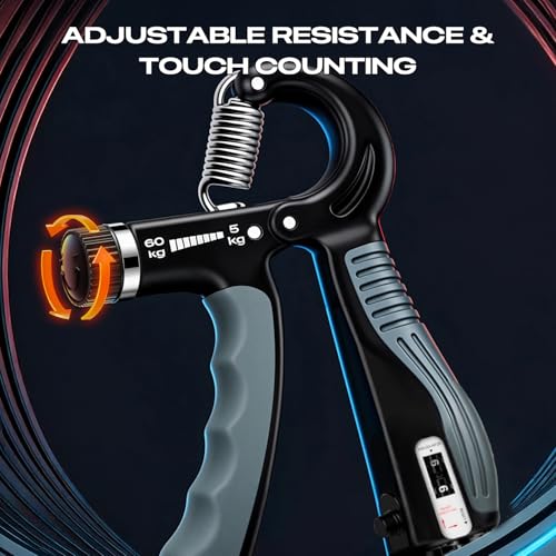 JTHEW Grip Strength Trainer - Adjustable Resistance 11-132lbs/5-60kg Hand Gripper & Forearm Strengthener Device with Smart Counter for Sports & Rehab (black grey, 5-50kg)