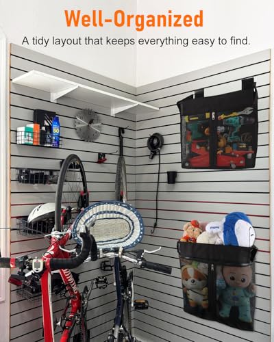 ZORUNNA 2PCS Slatwall Basket, 2PCS 16x15x11 Inch Mesh Slat Wall Basket with Zipper, 6 PCS Heavy Duty Hook Slatwall Accessories, Easy to Install Garage Shop Gym Toy Display Storage. - size: 16x15x11'+ 2*Metal Basket