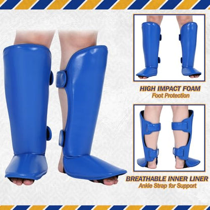Arrowbash 5 Pcs Boxing Guards Set for Kids with Sparring Headgear, 6oz Boxing Gloves and Leg Shin Guards Wrestling Headgear for Youths Teens Boys Girls Kickboxing Karate Muay Thai BJJ Training - color: Blue