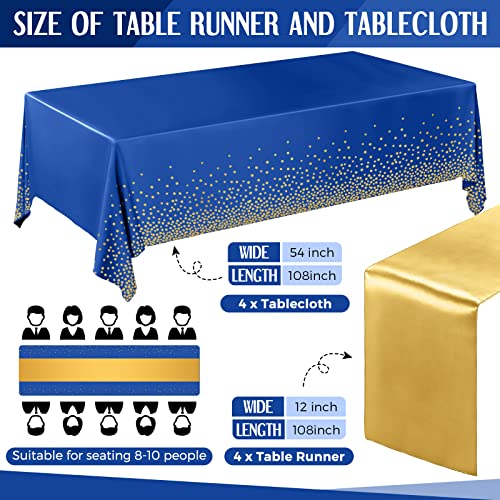 Breling 8 Pack Navy Blue and Gold Disposable Plastic Tablecloths and Satin Table Runner Set, 54 x 108 Inch Tablecloth, 12 x 108 Inch Table Runners for Wedding Graduation Birthday Baby Shower New Year - color: Navy Blue and Gold