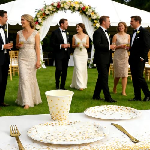White and Gold Party Supplies 145PCS Disposable Party Dinnerware Paper Plates, Napkins, Knives, Forks, Cups, Banner, for New Year Eve 2026, Bridal Shower, Wedding, Birthday, Serves 24 - color: White Gold (Serves 24)