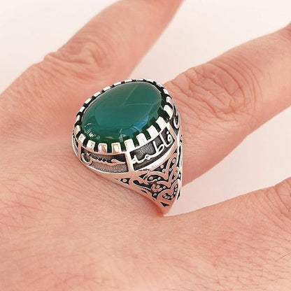 Islamic Sterling Silver Ring with Black Yemeni Aqeeq Stone, 925 Silver Religious Engraved Design, Ahlulbayt Muslim Prayer Jewelry for Men and Women,islamic ring,islamic men wowan ring - color: Green Yemeni Agate
