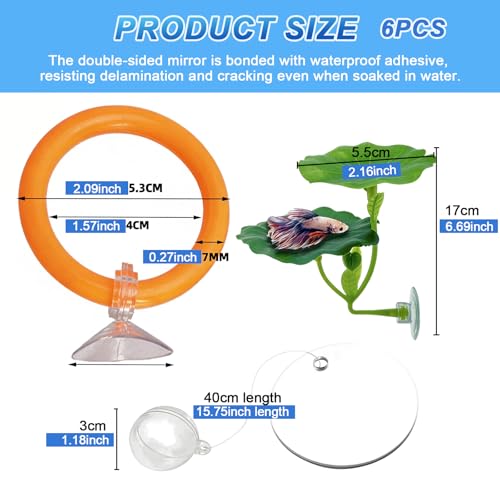 6 Pcs Betta Fish Toys, 4 Betta Rings, 1 Aquatic Plant & 1 Training Mirror, Betta Enrichment Toys for Betta Tank, Aquarium Interactive Play