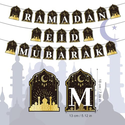 Eid Mubarak Banner, Pre-String Ramadan Kareem Banner Ramadan Garland Mubarak Fireplace Hanging Banner Eid Photo Booth Decor Decoration for Home Wall Party